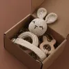 Baby Teethers Toys 1 Set DIY Crochet Rabbit Teether born Bunny Rattle Toy Wooden Molar Teething Ring Pacifier Clips Chain Stuff 230427