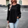 Kvinnors blusar 2023 Autumn Winter Blus Top Lace Pleated Stitching Solid Color Shirt Women Ruffles Puff Sleeve Round Neck