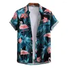 Herren-Freizeithemden, trendiges Herren-Hemd, schrumpffestes Hawaii-Revers, Dressing-Up-Vögel, Blätter, Druck, männlich