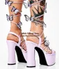 Sandaler Purple Patent Leather Futterfly High Platfrom Open Toe Cross Strap Ankel Wrap Chunky Heels Party Shoes