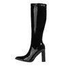 warmer Women's Boots Long Footwear Winter Knee High Shaft Shoes for Woman Very Heel Square Toe Black Novelty Work Fashion Rock