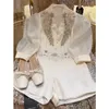 Women's Tracksuits Jacquard Wide Leg White Shorts Korean V Neck Puff Short Sleeve Shirt Women 2 Piece Sets Spring Blouse Lady Tops 230427