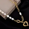 Colares de pingente de aço inoxidável natural de água doce pérola colar para mulheres vintage moda coração em forma de corrente clavicular jóias