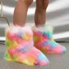 Stivali da neve per bambini Stivali invernali caldi con suola spessa in pelliccia finta Ragazze carine Scarpe pelose spesse arcobaleno in peluche Stivali a metà polpaccio Ragazzi