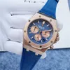 Högkvalitativt toppmärke Audexxx Pigxxx Blue Dial Rose Gold Steel Leather Strap Sapphire Mirror Mirror Multifunktionell Chronograph Quartz Movement Man Watch