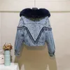 Women's Fur & Faux Diamond Beading Real Thick Warm Denim Coat Female Winter Liner Detachable F2514Women's Women'sWomen's