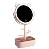 Compact Mirrors Ears LED Makeup Mirror With Light Lamp With Storage Desktop Rotating Cosmetic Mirror Light Adjustable Dimming USB Vanity Mirror 231128