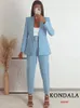 Kvinnors tvåbitar byxor Kondala kontor Lady Light Blue Blazer Suit 2 Pieces V Neck Loose Jackor Shigh Midjan Sashes Fashion 2023 Autumn Set 231128