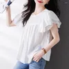 Bluzki damskie krótkie szyfonowe koszule kobiety letnie marszczenia latające w stylu koreańsko luźna koszula bluzka urocza kawaii bluzki żeńskie