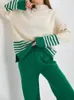 レディースツーピースパンツRealeft Autumn and Winter Twopiece Womens Clothens Set Knitted Tight Jumpsuit Striped Sweater Wide Leg Jogging Pants 231128