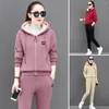Women's Two Piece Pants Lady Coat Set Stylish Winter Tracksuit With Hooded Drawstring Plush Embroidery Cozy Trendy Functional