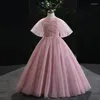 Vestidos de menina vestido de noite rosa lantejoulas elegantes apliques mangas curtas vestido de baile o-pescoço de piso para o chão flor b1760