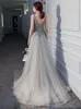 2024 Luxury Silver A-line Prom Homecoming Dress V-neck Sleeveless Beads Sequins Formal Birthday Party Gown Evening Dresses Sexy Robe De Soiree