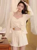 Kvinnors sömnkläder kvinnor sommar bomull snörning pyjamas tre bitar kostym cardigan shorts ruffles sweet girl korean prinsess lounge set