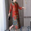 Abbigliamento etnico Colletto alla coreana cinese Manica lunga femminile Allentato Qipao Nube Filato Vestito da mamma Stampa Fiori Abiti estivi Cheongsam