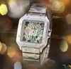 Populära män Titta på Auto Date Square Hollow Skeleton Dial Clock Solid Fine rostfritt stålkedja Armband Quartz Battery Super Bright Wristwatch Montre de Luxe Gifts