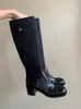 Damenstiefel, dreieckig, getäfelt, kniehoch, klobiger Blockabsatz, Ledersohle, hoher Reitstiefel, Damen-Designer, hochwertige Modeschuhe, Fabrik, Stiefel aus 100 % Leder