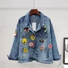 Vestes Femmes Fad Automne Style Européen Femmes Lourd À La Main Perlé Jean Veste Badge Lâche Jaqueta Feminina Denim Manteau Court