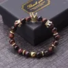 STRAND Luxe Micro Pave Black CZ Zirconia King Crown Charmel Bracelet Men Natural Red Tiger Eye Stone Bead Erkek Bileklik