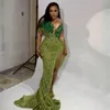 Emerald Aso Ebi Prom Kleider Spitzer Mermaid -Abendkleider Perlen Geburtstagsfeier zweite Empfangskleider afrikanischer Verlobungswettbewerb