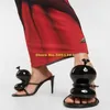 ブラックレザーバルーンスリッパ丸いつま先スティレットハイヒール夏の女性靴滑走路新しい到着靴