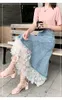 Röcke LLZACOOSHI Sommer Damenrock All-Match Plissee Spitze Patchwork Hohe Taille Schlank A-Linie Langer Jeansrock Streetwear 230428