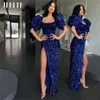 JEHETH vestido de noche de sirena con lentejuelas y mangas abullonadas en azul real, vestido de fiesta Formal de Dubái con cuello cuadrado y abertura lateral