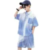 Conjuntos de ropa de verano para niños, camisa a rayas, Tops, pantalones cortos, chándal escolar para niños, trajes de talla grande, ropa de calle coreana de 5 a 14 años