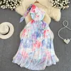 Casual Dresses Vacation Seaside Beach Retro Floral Dress Oblique Collar Backless midja mager a-line