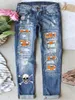 Dames jeans patchwork schedel gedrukt vrouw moeder broek blauw vintage gescheurd vernietigd rechte denim broek streetwear Y2K 90s