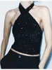 Women's Tanks Girls Club Style Shiny Sequined Black Velvet Short Tops Summer Fashion Halter Collar High Waist Sexy Backless Camis