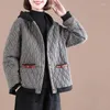 レディースジャケット春と秋の格子縞のジャケットレディース韓国語バージョンルーズキルティングウォームカジュアルコットンリネンフード付きコート女性