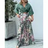 Calças femininas de duas peças 2023 primavera verão roupas verde escuro botão curto superior terno corpo inteiro floral calças largas perna conjunto de 2 peças