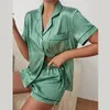 Sexig pyjamas kvinnors pyjamas sommarpyjama set lapel krage konstgjorda siden satin kortärmad topp+shorts kvinnors pajamas 231128