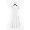 Beiläufige Kleider für Frauen 2023 Partei-elegantes reizvolles hohes geschlitztes weißes Midi-Kleid-Rüsche-Bügel-ärmelloses Leinenimitat-Sommer