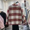 Lã feminina gola v dupla fileira botão xadrez material engrossa outono inverno versão coreana solto temperamento casaco