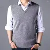 Men's Vests Solid Color Men Vest Versatile Mid-aged V-neck Knitted Sweater Slim Fit Sleeveless Pullover With Ribbed Cuffs Spring