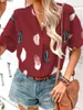 Women's Blouses Summer Feather Print Short Sleeved Shirt Women Fashion V-Neck Button Loose Fitting Blouse Elegant White Black Office