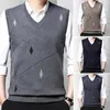 Coletes masculinos Geométrico Rhombus Padrão Colete Impressão V Neck Sem Mangas Suéter Quente Malha Elegante Para Outono Inverno