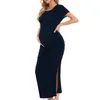 Vestidos de maternidad Vestido largo de maternidad dividido para mujer Manga corta con pliegues Ropa de embarazo Vestido largo con abertura de maternidad sexy Vestido agradable para la piel 230428