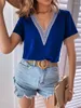 Blouses Femmes Femmes Mode Manches Courtes Dentelle Col En V Blouse Tops 2024 Dames D'été Élégant Lâche Casual Sport Chemise De Vacances Bureau Pour