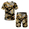 Herrspårar Summer Golden Lion Staty Mönster 3D Print Men's T -shirt/Shorts/Suit Barock Style Kort ärm Tracksuit Hip Hop Streetwear Set 231127