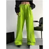 Pantalones para mujer Capris American Fluorescente Green Light Core Veet Pierna ancha Dobladillo Pantalones rectos para el estilo de verano Ins Fregona suelta Drop Deli DHKWJ