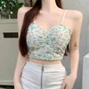 Women's Tanks Floral Printed Spaghetti Strap Top Women Sweet Camis Crop Tops Tees Built-in Bra France Party Bustier Corset Streetwear