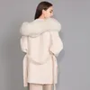 Femmes mélanges de laine manteau de fourrure véritable capuche veste d'hiver femmes 100% naturel col de renard poignets mélange de cachemire surdimensionné vêtements d'extérieur en vrac 231127