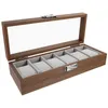 Scatole per orologi 6 slot Espositore in legno di noce Custodia per organizer per gioielli da esterno Custodia da viaggio dal design trasparente