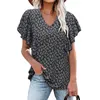 Women's T Shirts Floral Women Ruched Easy Care Pullover V-Neck T-Shirt Casual Butterfly Sleeve Summer Polyester Short T-Shirts