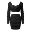 Casual Dresses Sexy 2 Piece Set Skirts Women Autumn Low Cut Long Sleeve Crop Top High Waist Hip Wrapped Skirt Elegant Pleated Party Outfits