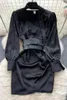Abiti casual SuperAen francese nero elegante abito a trapezio donna design coreano cintura in vita pieghettata popeline manica a sbuffo corta