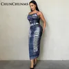 Casual Dresses Sexig backless Bandage Spaghetti Strap Denim Lång klänning för kvinnor Streetwear Y2K Pack Hip Jeans Maxi Club Robes